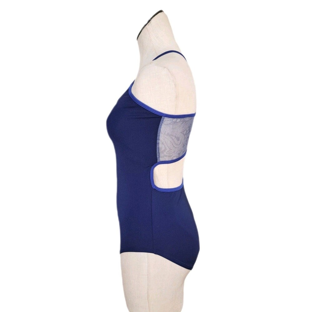 Aja VTG Blue Open Back Cutout Mesh Lace Crossback Tank Leotard AS/SA Size Small - Picture 8 of 14